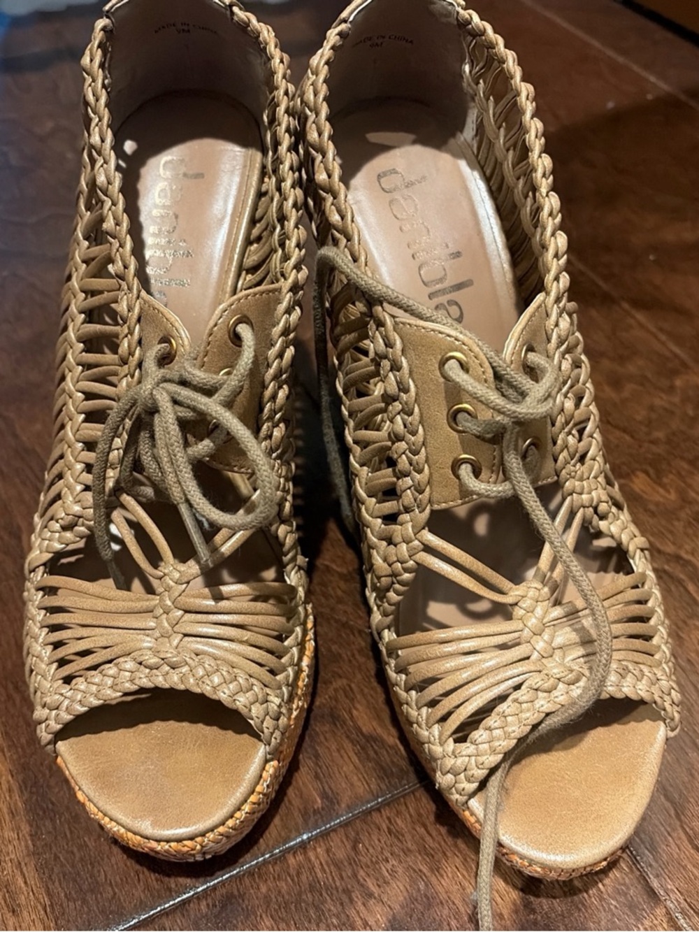 Woven Lace-Up Wedge Sandals - Tan